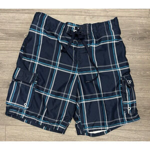 OP Men's Swim Trunks Board Shorts Blue Plaid 5-Pocket‎ Large 36-38 Beach Wear